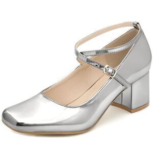 Square Toe Crisscross Strap Block Heel Pumps for Women, Silver